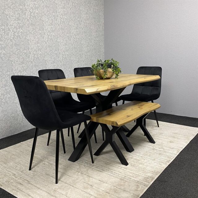 KOSY KOALA Wooden Dining Table with Bench & 4 Black Velvet Chairs, Stylish Dining Room Furniture in Brown - image 1