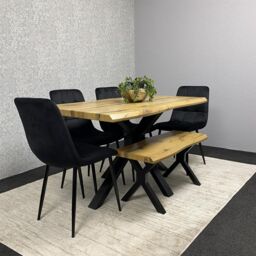 KOSY KOALA Wooden Dining Table with Bench & 4 Black Velvet Chairs, Stylish Dining Room Furniture in Brown - thumbnail 1