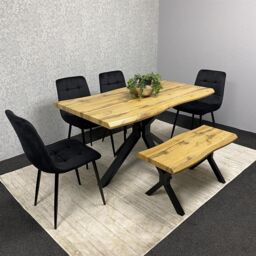 KOSY KOALA Wooden Dining Table with Bench & 4 Black Velvet Chairs, Stylish Dining Room Furniture in Brown - thumbnail 5