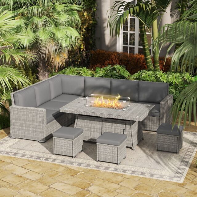 OUTSUNNY 7 Pieces Rattan Garden Furniture Set w/ 50, 000 BTU Fire Pit Table in Grey - image 1