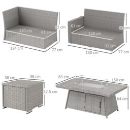 OUTSUNNY 7 Pieces Rattan Garden Furniture Set w/ 50, 000 BTU Fire Pit Table in Grey - thumbnail 3