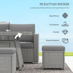 OUTSUNNY 7 Pieces Rattan Garden Furniture Set w/ 50, 000 BTU Fire Pit Table in Grey - thumbnail 4