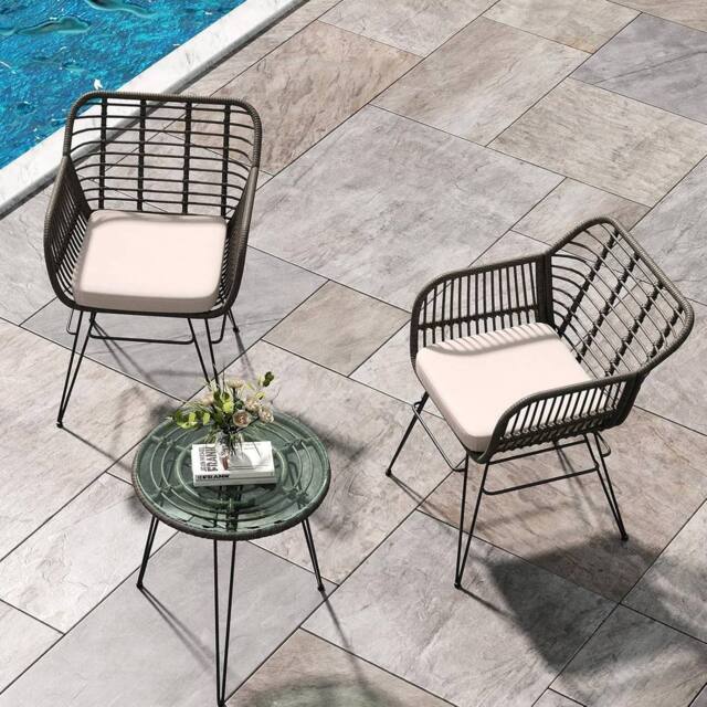 London Boutique Rattan Bistro Set of 3 Patio Conversation Furniture Set w/ 2 Cushions - image 1