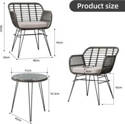 London Boutique Rattan Bistro Set of 3 Patio Conversation Furniture Set w/ 2 Cushions - thumbnail 3