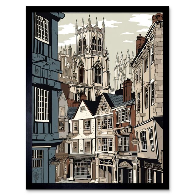"Artery8 Wall Art Print Shambles Street Cityscape with York Minster Towers Art Framed in Black - Size: W12"" x H16""" - image 1