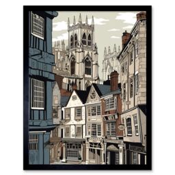 "Artery8 Wall Art Print Shambles Street Cityscape with York Minster Towers Art Framed in Black - Size: W12"" x H16""" - thumbnail 1