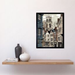 "Artery8 Wall Art Print Shambles Street Cityscape with York Minster Towers Art Framed in Black - Size: W12"" x H16""" - thumbnail 2
