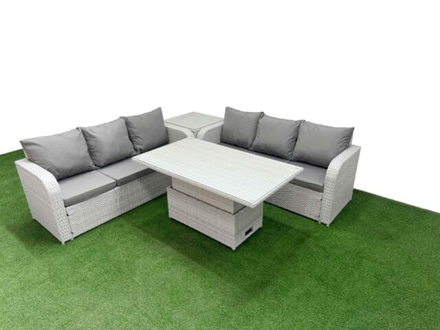 Fimous Outdoor Garden Furniture Sets 6 Seater Wicker Rattan Furniture Sofa Sets w/ Adjustable Lifting Dining or Coffee Table high Back Lounge Sofa - image 1