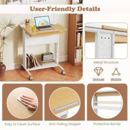 Costway Rolling Portable Desk Laptop Desk Wooden PC Table w/ Tilting Tabletop - thumbnail 8