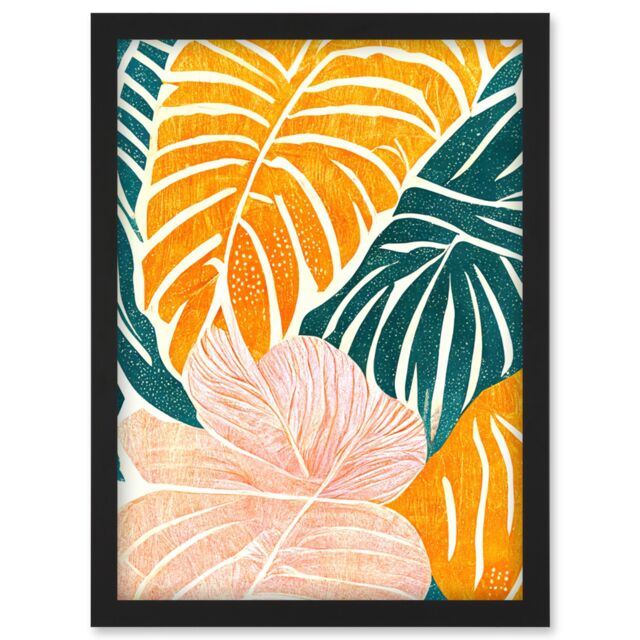 Artery8 Orange Pastel Pink Green Monstera Plant Leaf Boho Linocut Illustration Artwork Framed Wall Art Print A4 in Black - image 1