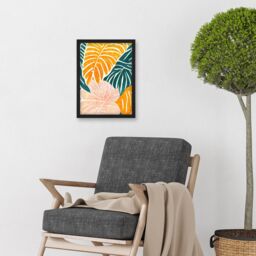 Artery8 Orange Pastel Pink Green Monstera Plant Leaf Boho Linocut Illustration Artwork Framed Wall Art Print A4 in Black - thumbnail 2