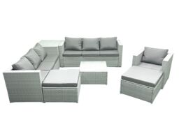 Fimous Wicker PE Rattan Sofa Garden Furniture Set with Armchair Square Coffee Table 2 Big Footstools Side Table Light Grey Mixed - thumbnail 1