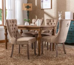 HomeTouch Winchester Luxury Velvet Upholstered Kitchen Dining Chairs with Pull Knocker Back & Oak Wood Legs Brown - Size: 2 Pack
