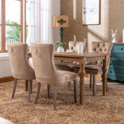 HomeTouch Winchester Luxury Velvet Upholstered Kitchen Dining Chairs with Pull Knocker Back & Oak Wood Legs Brown - Size: 2 Pack - thumbnail 2