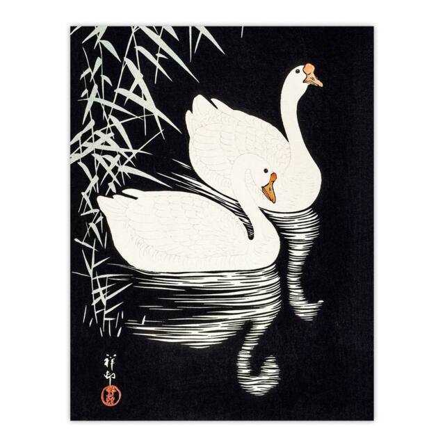 "Artery8 Geese Swimming By Reeds Vintage Japan Wall Art Print Ohara Koson in Black - Size: W12"" x H16""" - image 1