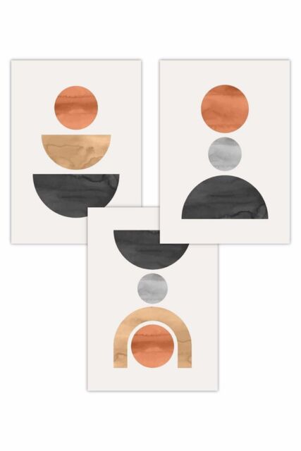 ARTZE Set of 3 Mid Century Graphical Shapes in Black, Grey, Orange Art Posters - Size: W50 cm x H70 cm - image 1