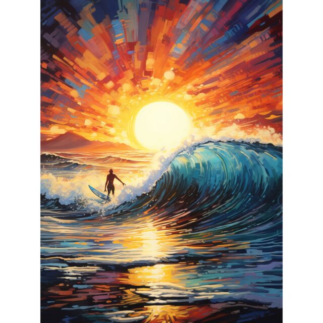 Artery8 Wall Art Print Sunset Surf Waves Surfing Artwork Vibrant Blue Purple Orange Setting Sun Behind Surfer in Wavy Seascape Poster - image 1