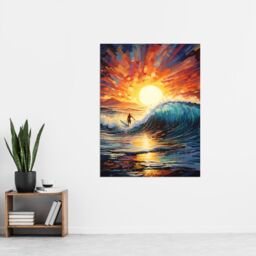 Artery8 Wall Art Print Sunset Surf Waves Surfing Artwork Vibrant Blue Purple Orange Setting Sun Behind Surfer in Wavy Seascape Poster - thumbnail 2