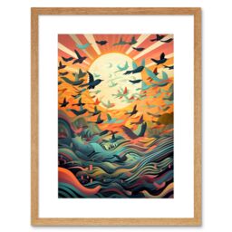 "Artery8 Wall Art Print Flock of Birds Flying at Sunrise Modern Folk Artwork Framed 9X7 Inch in Beige - Size: W7"" x H9""" - thumbnail 1