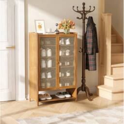 Havendro Shoe Rack Shoe Storage Cabinet Rattan Wood Stand Cupboard Unit in Brown - thumbnail 2