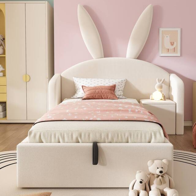 Merax 3ft Bunny Ears Kids Ottoman Bed with Nightstand for Childs 90 x 190 cm in Beige - Size: Single - image 1