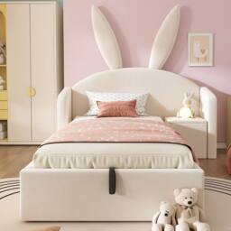 Merax 3ft Bunny Ears Kids Ottoman Bed with Nightstand for Childs 90 x 190 cm in Beige - Size: Single - thumbnail 1