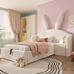 Merax 3ft Bunny Ears Kids Ottoman Bed with Nightstand for Childs 90 x 190 cm in Beige - Size: Single - thumbnail 9