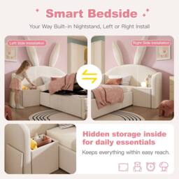 Merax 3ft Bunny Ears Kids Ottoman Bed with Nightstand for Childs 90 x 190 cm in Beige - Size: Single - thumbnail 5