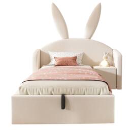 Merax 3ft Bunny Ears Kids Ottoman Bed with Nightstand for Childs 90 x 190 cm in Beige - Size: Single - thumbnail 8