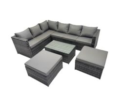 Fimous Outdoor Rattan Garden Furniture Set with 2 Big Stools Dark Grey Mixed - thumbnail 1