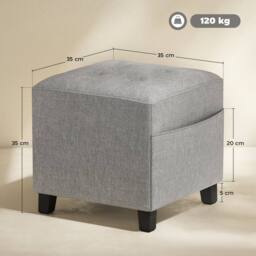 KORVIXA Light Grey Small Ottoman with Side Pocket & Rubber Wood Legs - Size: 100 cm x 100 cm - thumbnail 2