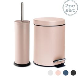 Harbour Housewares 3L Round Bathroom Bin & Brush Set - Slim Stainless Steel Bathroom Set in Pink
