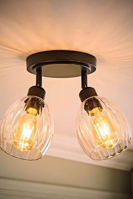ValueLights Cheltenham 2 Way Ribbed Glass Spotlight Flush Ceiling Light & Bulbs in Black - image 1