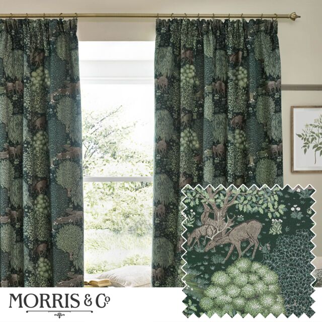 Morris & Co Brook Woodland Jacquard Room Darkening Pencil Pleat Curtains in Green - Size: 229 cm width x 229 cm drop - image 1