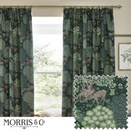 Morris & Co Brook Woodland Jacquard Room Darkening Pencil Pleat Curtains in Green - Size: 229 cm width x 229 cm drop