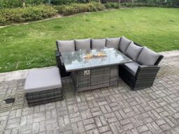 Fimous Outdoor High Back Rattan Gas Fire Pit Corner Sofa Dining Set Garden Furniture Heater Dining Table Right Side in Dark Grey - thumbnail 3