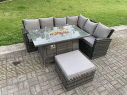 Fimous Outdoor High Back Rattan Gas Fire Pit Corner Sofa Dining Set Garden Furniture Heater Dining Table Right Side in Dark Grey - thumbnail 1