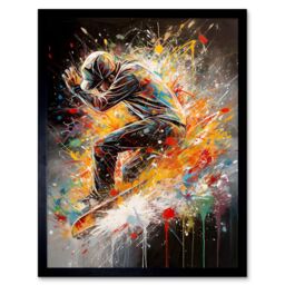 "Artery8 Wall Art Print Skateboarder Vibrant Splat Paint Action Shot Art Framed in Black - Size: W12"" x H16""" - thumbnail 1
