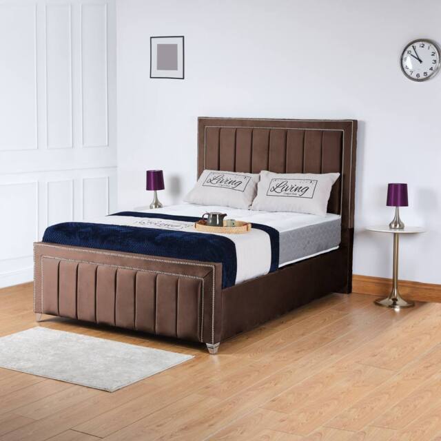 UK Bed Furniture Fiona Slatted Base Upholstered Bed with 48 Inch Headboard in Brown - Size: Small Double - image 1
