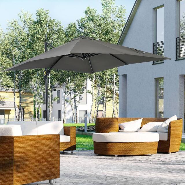 OUTSUNNY Square Cantilever Roma Parasol 360° Rotation w/ Hand Crank in Grey