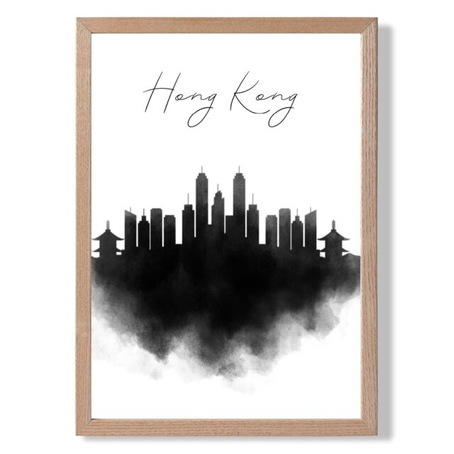 ARTZE Hong Kong Watercolour Skyline City Framed Print SIZE: A2 with Oak Frame in Black - Size: A4 - image 1