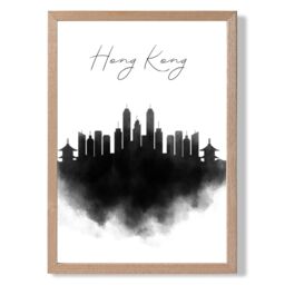 ARTZE Hong Kong Watercolour Skyline City Framed Print SIZE: A2 with Oak Frame in Black - Size: A4 - thumbnail 1