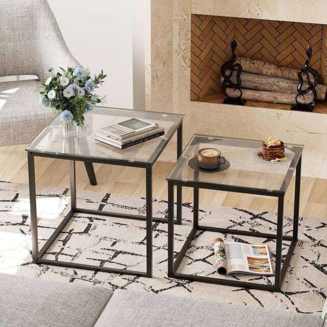 Huhote Nesting Tables 2 Set Glass Top Metal Frame End Table for Living Room in Black - image 1