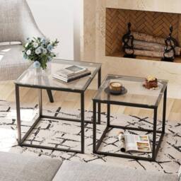 Huhote Nesting Tables 2 Set Glass Top Metal Frame End Table for Living Room in Black