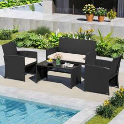 Costway 4PCS Patio Rattan Conversation Set Wicker Loveseat Armchairs w/Cushion - thumbnail 4