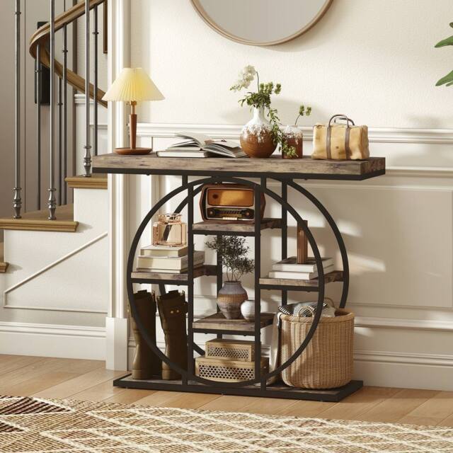 HOMCOM Industrial Console Table, Hallway Table with Storage Shelves in Brown - Size: 100 cm - image 1
