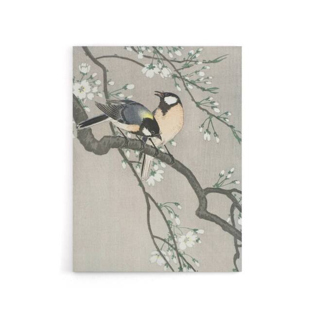 "Artery8 Tits On Blooming Cherry Branch Canvas Wall Art Print Ohara Koson in Grey - Size: W18"" x H24""" - image 1