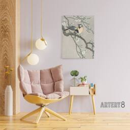 "Artery8 Tits On Blooming Cherry Branch Canvas Wall Art Print Ohara Koson in Grey - Size: W18"" x H24""" - thumbnail 3