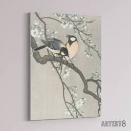 "Artery8 Tits On Blooming Cherry Branch Canvas Wall Art Print Ohara Koson in Grey - Size: W18"" x H24""" - thumbnail 2