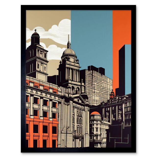 "Artery8 Wall Art Print Leeds Modern Colour Block Cityscape Art Framed in Black - Size: W12"" x H16""" - image 1